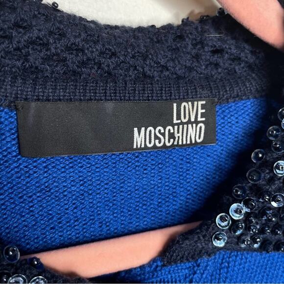LOVE MOSCHINO Colorblock Sequin Collar Cardigan Sweater Wool Blue Sz 6 {3D35} - Picture 4 of 5